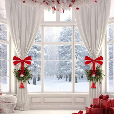 Norme 2 Pcs 21.7 Inch Christmas Curtain Tiebacks Red Velvet Bow Norfolk Pine Wreath with Plastic Red Cowbell Holdbacks Christmas Curtain Bow Wreath Ties for Xmas Holiday Bedroom Home Decor Window in Saudi Arabia