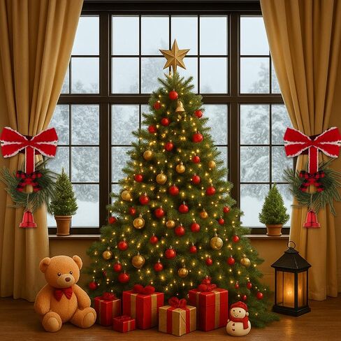 Norme 2 Pcs 21.7 Inch Christmas Curtain Tiebacks Red Velvet Bow Norfolk Pine Wreath with Plastic Red Cowbell Holdbacks Christmas Curtain Bow Wreath Ties for Xmas Holiday Bedroom Home Decor Window in Saudi Arabia