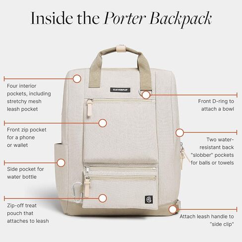 حقيبة ظهر Cleverpup Porter 2 في 1 للكلاب - حقيبة سفر ممتازة للكلاب مع 10 جيوب، وحقيبة مكافآت بسحاب، ومشبك للمقود، وجيوب مقاومة للماء وحامل زجاجة مياه - عطلة نهاية الأسبوع، والمشي لمسافات طويلة، والتخييم، والرمل in Kuwait