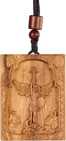 BGCarvedGrace Wooden Archangel St. Michael Necklace, Carved Olive Wood, Wooden Religious Pendant Jewelry (Cross) in Saudi Arabia