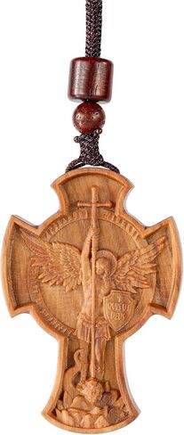 قلادة BGCarvedGrace الخشبية من Archangel St. Michael، خشب الزيتون المنحوت، مجوهرات قلادة دينية خشبية (صليب) in Kuwait
