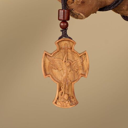 قلادة BGCarvedGrace الخشبية من Archangel St. Michael، خشب الزيتون المنحوت، مجوهرات قلادة دينية خشبية (صليب) in Kuwait
