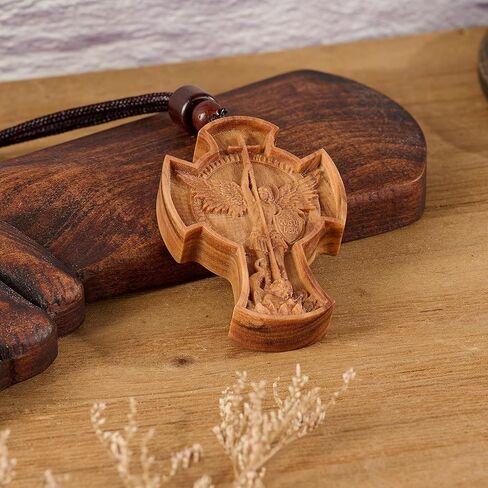 قلادة BGCarvedGrace الخشبية من Archangel St. Michael، خشب الزيتون المنحوت، مجوهرات قلادة دينية خشبية (صليب) in Kuwait