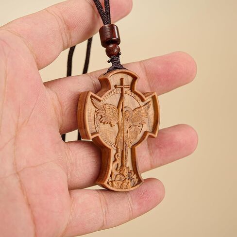 قلادة BGCarvedGrace الخشبية من Archangel St. Michael، خشب الزيتون المنحوت، مجوهرات قلادة دينية خشبية (صليب) in Kuwait