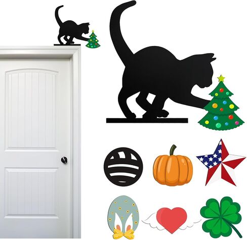 8 Pcs Christmas Cat Door Topper, Interchangeable Seasonal Door Frame Decor, Black Cat Door Corner Decoration for Doorframes Window Frames Picture Frames, for Christmas Thanksgiving Valentine's Day in Kuwait