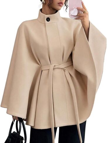 Kinghua Batwing Sleeve Cape Coat for Women Fall Winter Trendy Poncho Pea Coats Casual Belted Cloak Cape Wool Jackets in Saudi Arabia