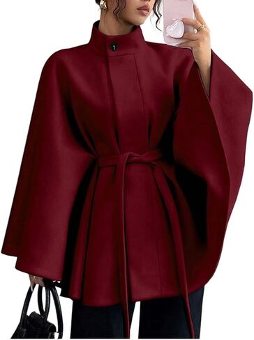 Kinghua Batwing Sleeve Cape Coat for Women Fall Winter Trendy Poncho Pea Coats Casual Belted Cloak Cape Wool Jackets in Saudi Arabia
