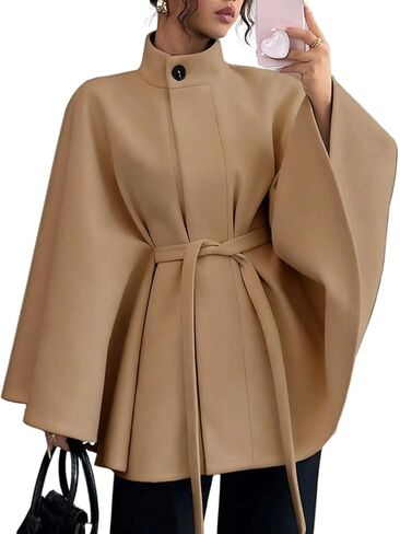 Kinghua Batwing Sleeve Cape Coat for Women Fall Winter Trendy Poncho Pea Coats Casual Belted Cloak Cape Wool Jackets in Saudi Arabia