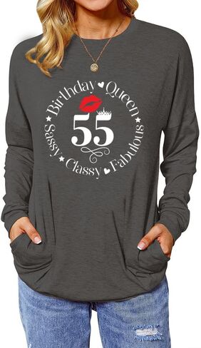 ROSSOSSOR 55th Birthday Shirts for Women Long Sleeve Tunic Tops with Pocket 55 Birthday Queen Sassy Classy Fabulous in Saudi Arabia
