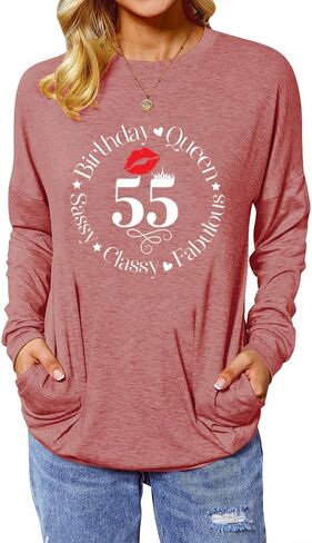 ROSSOSSOR 55th Birthday Shirts for Women Long Sleeve Tunic Tops with Pocket 55 Birthday Queen Sassy Classy Fabulous in Saudi Arabia