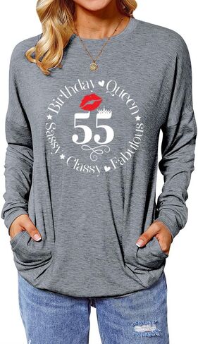 ROSSOSSOR 55th Birthday Shirts for Women Long Sleeve Tunic Tops with Pocket 55 Birthday Queen Sassy Classy Fabulous in Saudi Arabia