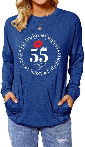 ROSSOSSOR 55th Birthday Shirts for Women Long Sleeve Tunic Tops with Pocket 55 Birthday Queen Sassy Classy Fabulous in Saudi Arabia
