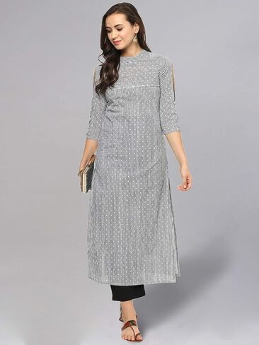 Idalia Black and White Dotted Stripes Cotton Kurta for Women in Saudi Arabia