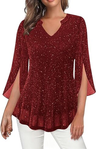 Womens 3/4 Ruffle Sleeve Sparkly Tops Elegant Sequin V Neck Blouses Dressy Casual Evening Party Fall Shirts in Saudi Arabia