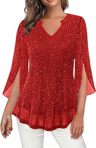 Womens 3/4 Ruffle Sleeve Sparkly Tops Elegant Sequin V Neck Blouses Dressy Casual Evening Party Fall Shirts in Saudi Arabia