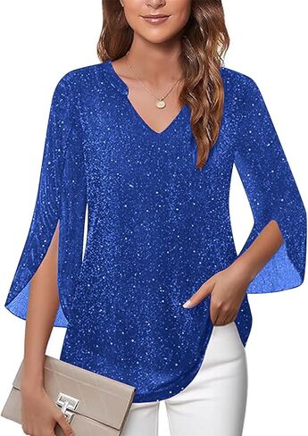Womens 3/4 Ruffle Sleeve Sparkly Tops Elegant Sequin V Neck Blouses Dressy Casual Evening Party Fall Shirts in Saudi Arabia