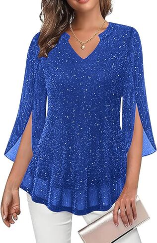 Womens 3/4 Ruffle Sleeve Sparkly Tops Elegant Sequin V Neck Blouses Dressy Casual Evening Party Fall Shirts in Saudi Arabia