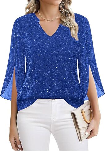 Womens 3/4 Ruffle Sleeve Sparkly Tops Elegant Sequin V Neck Blouses Dressy Casual Evening Party Fall Shirts in Saudi Arabia