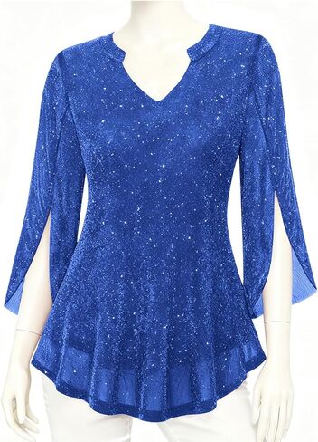 Womens 3/4 Ruffle Sleeve Sparkly Tops Elegant Sequin V Neck Blouses Dressy Casual Evening Party Fall Shirts in Saudi Arabia