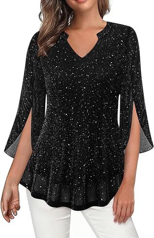 Womens 3/4 Ruffle Sleeve Sparkly Tops Elegant Sequin V Neck Blouses Dressy Casual Evening Party Fall Shirts in Saudi Arabia