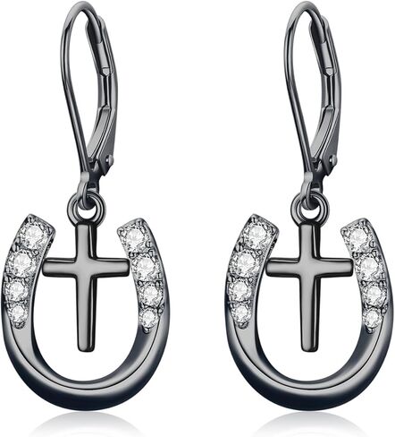MEDWISE Lucky Horseshoe Leverback Earrings S925 Sterling Silver Rose Gold/Gold/Black Faith Horseshoe Pendant Dangle Hypoallergenic Earrings Jewelry for Horse Lover Mother Daughter Mothers Day Gifts in Saudi Arabia