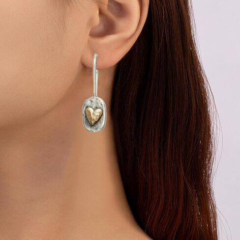 Boho Heart Earrings for Women Gold Dangle Vintage Two Tone Heart Earring Bohemian Statement Jewelry Accessories Trendy Gifts in Saudi Arabia