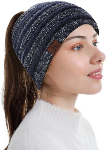 Womens Winter Ponytail Messy High Bun Warm Knit Ski Beanie Hat Cap with Hole in Saudi Arabia