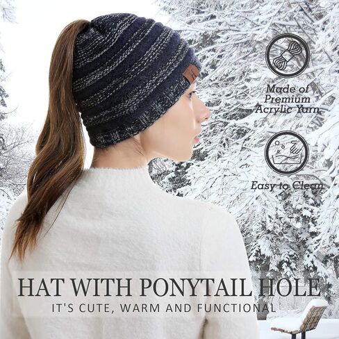 Womens Winter Ponytail Messy High Bun Warm Knit Ski Beanie Hat Cap with Hole in Saudi Arabia