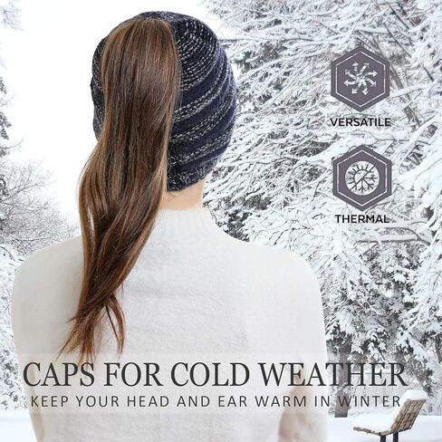 Womens Winter Ponytail Messy High Bun Warm Knit Ski Beanie Hat Cap with Hole in Saudi Arabia