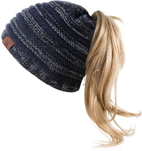 Womens Winter Ponytail Messy High Bun Warm Knit Ski Beanie Hat Cap with Hole in Saudi Arabia