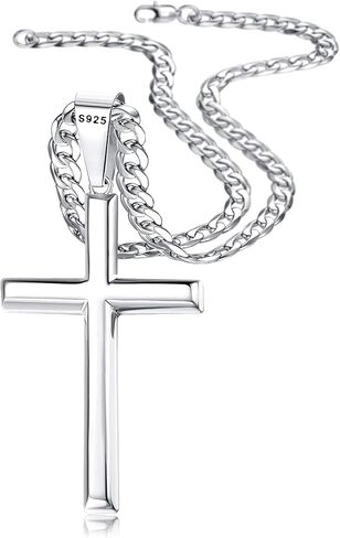 Besteel 925 Sterling Silver Cross Necklace Beveled Edge for Men Women 5mm Stainless Steel Diamond Cut Durable Cuban Link Curb Chain Crucifix Pendant Necklace Jewelry 16-30 Inches in Kuwait