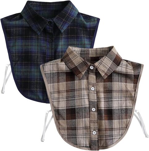 LoudSung Fake Collar Detachable Blouse False Collar Half Shirts Collar Plaid Designed Cotton Top Elegant for Women 2PCS in Saudi Arabia