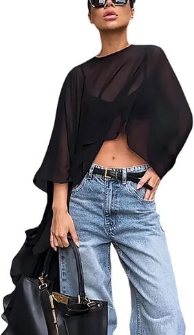 Chiffon Blouses for Women, Women's Sheer Chiffon Shirt Irregular Cape See Long Sleeves Mesh Through Summer Tops in Saudi Arabia