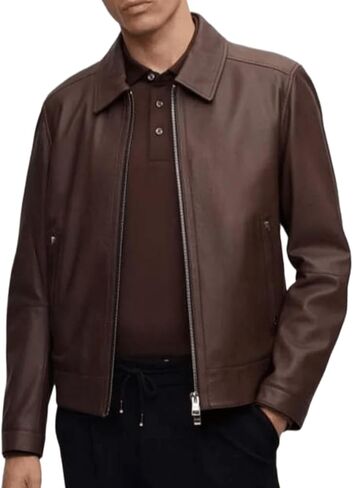 سترة رجالية كلاسيكية بسيطة رسمية من جلد الغنم الأصلي الناعم مع ياقة قميص، سحاب أمامي، بني in Kuwait