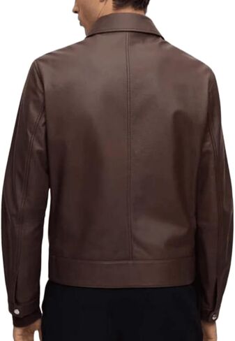 Men's Classic Simple Formal Genuine Real Sheepskin Smooth Leather Jacket with Shirt Collar, Zip Front, Brown in Saudi Arabia