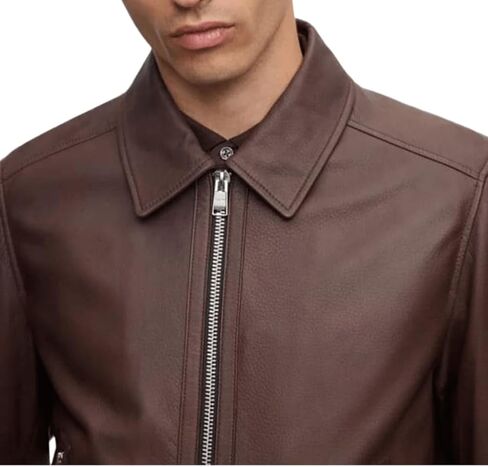 Men's Classic Simple Formal Genuine Real Sheepskin Smooth Leather Jacket with Shirt Collar, Zip Front, Brown in Saudi Arabia