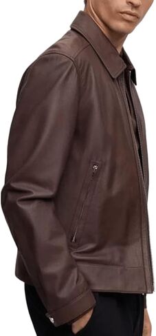 Men's Classic Simple Formal Genuine Real Sheepskin Smooth Leather Jacket with Shirt Collar, Zip Front, Brown in Saudi Arabia