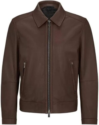 Men's Classic Simple Formal Genuine Real Sheepskin Smooth Leather Jacket with Shirt Collar, Zip Front, Brown in Saudi Arabia