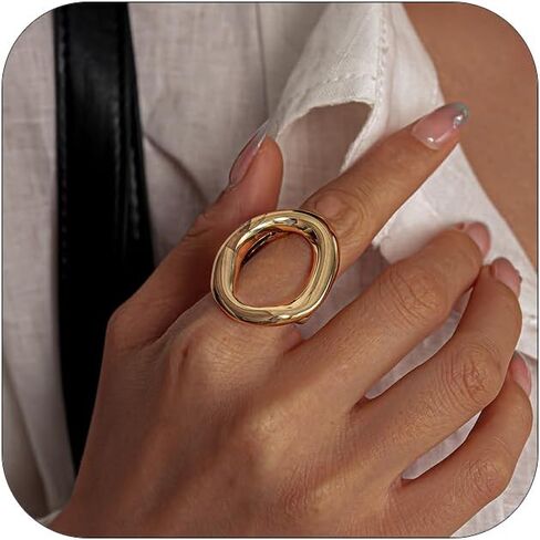NLMSKI Chunky Irregular Hollow Oval Statement Ring For Women Adjustable Open Band Geometric Fashion Jewelry Gold Tone Or Silver Tone in Saudi Arabia