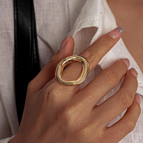 NLMSKI Chunky Irregular Hollow Oval Statement Ring For Women Adjustable Open Band Geometric Fashion Jewelry Gold Tone Or Silver Tone in Saudi Arabia