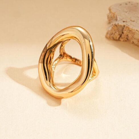 NLMSKI Chunky Irregular Hollow Oval Statement Ring For Women Adjustable Open Band Geometric Fashion Jewelry Gold Tone Or Silver Tone in Saudi Arabia