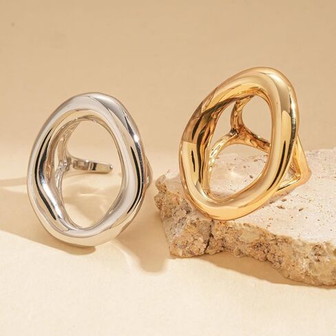 NLMSKI Chunky Irregular Hollow Oval Statement Ring For Women Adjustable Open Band Geometric Fashion Jewelry Gold Tone Or Silver Tone in Saudi Arabia