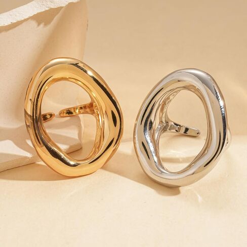 NLMSKI Chunky Irregular Hollow Oval Statement Ring For Women Adjustable Open Band Geometric Fashion Jewelry Gold Tone Or Silver Tone in Saudi Arabia