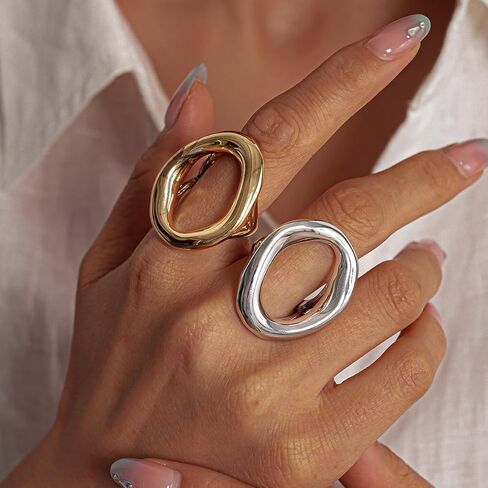 NLMSKI Chunky Irregular Hollow Oval Statement Ring For Women Adjustable Open Band Geometric Fashion Jewelry Gold Tone Or Silver Tone in Saudi Arabia