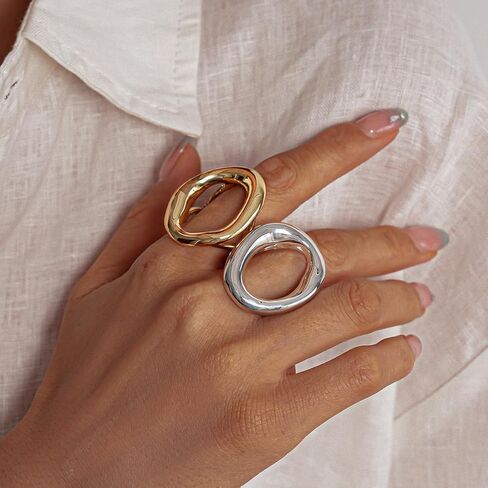 NLMSKI Chunky Irregular Hollow Oval Statement Ring For Women Adjustable Open Band Geometric Fashion Jewelry Gold Tone Or Silver Tone in Saudi Arabia