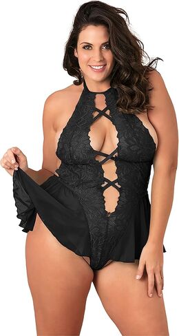 Plus Size Babydoll Teddy Bodysuit Strap Lingerie Lace Sleepwear in Saudi Arabia