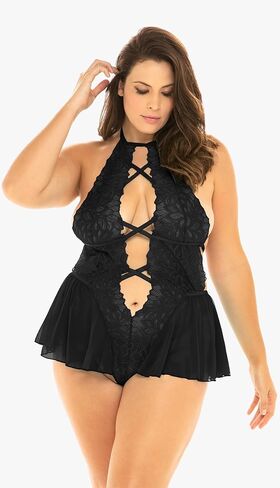 Plus Size Babydoll Teddy Bodysuit Strap Lingerie Lace Sleepwear in Saudi Arabia