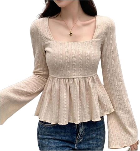 Square Collar Ruffle Hem Flared Sleeve Long Sleeved Top in Saudi Arabia