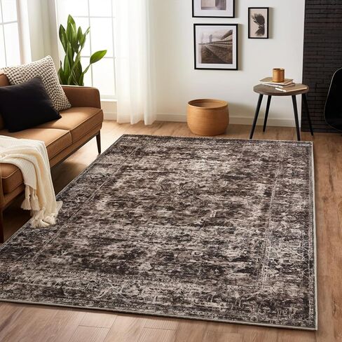 CRYPTOLITE Area Rugs for Living Room, 5x7 Washable Vintage Faux Wool Throw Bedroom Rug, Low Pile & Non-Slip Indoor Floor Carpet for Dining Room, Home Office, Kids Room, Bedside (Brown) in Saudi Arabia