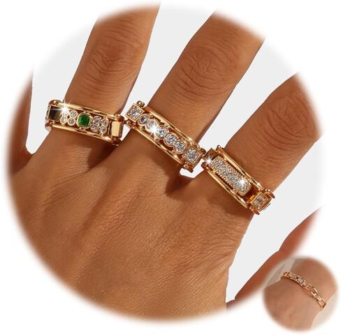 FOJDPAS 14K Gold Plated Stackable Rings Set for Women, Convertible 3-Piece CZ Wedding Bands Turn Into Adjustable Tennis Charm Bangle Bracelet, Spinelli Chunky Statement Rings, Non-Tarnish, Hypoallergenic, Size 7–10 in Saudi Arabia